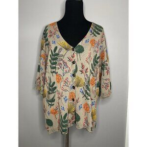 Buykud Button Floral Printed Cardigan Sweater Women L Vintage Pockets Colorful